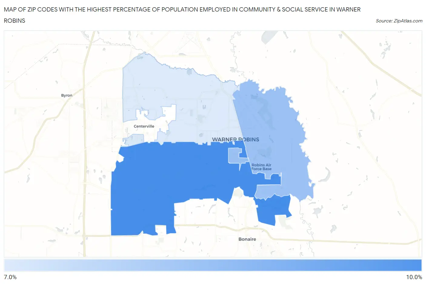 Zip Codes with the Highest Percentage of Population Employed in Community & Social Service  in Warner Robins Map