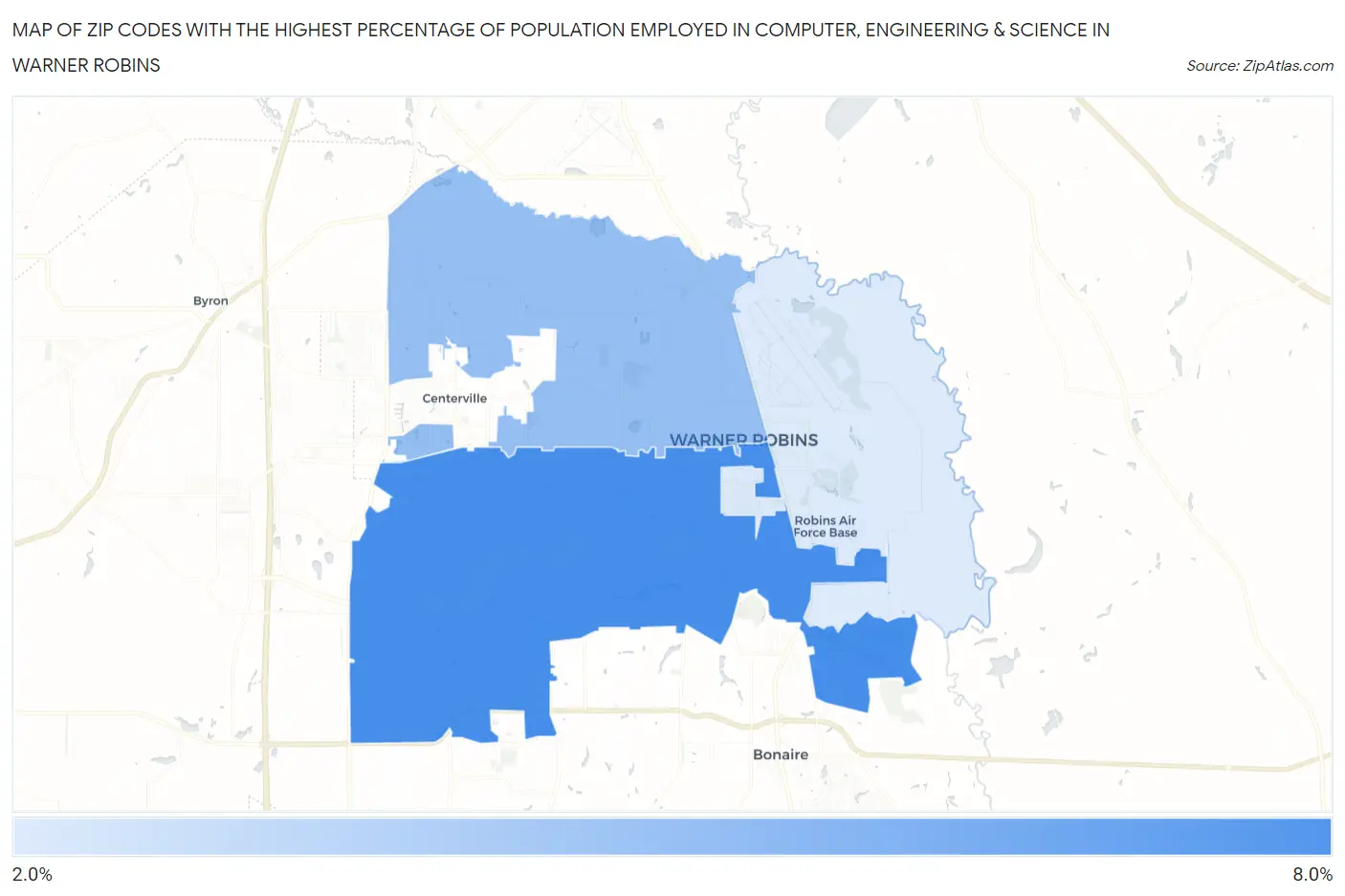 Zip Codes with the Highest Percentage of Population Employed in Computer, Engineering & Science in Warner Robins Map