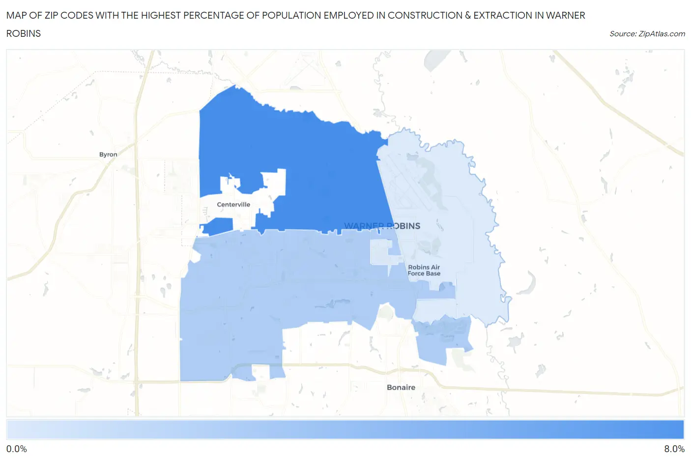 Zip Codes with the Highest Percentage of Population Employed in Construction & Extraction in Warner Robins Map