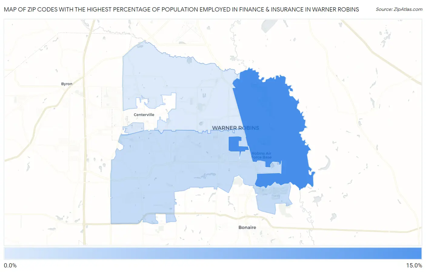 Zip Codes with the Highest Percentage of Population Employed in Finance & Insurance in Warner Robins Map
