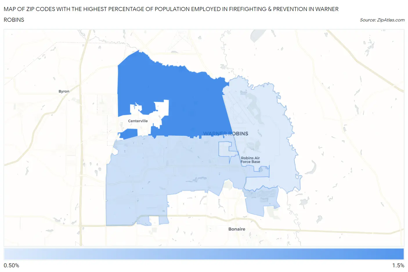 Zip Codes with the Highest Percentage of Population Employed in Firefighting & Prevention in Warner Robins Map
