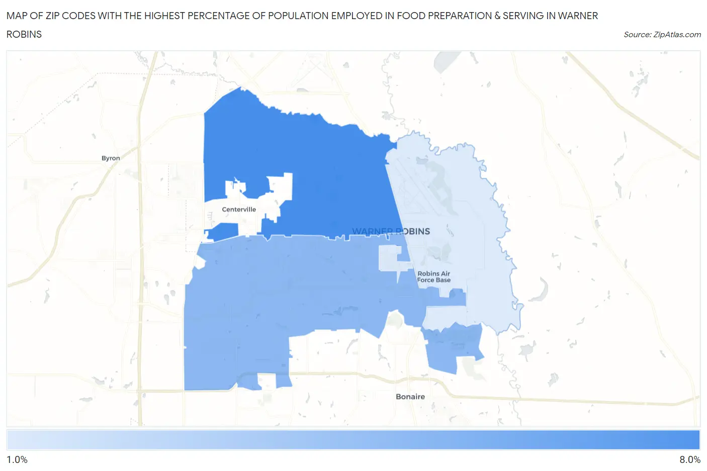 Zip Codes with the Highest Percentage of Population Employed in Food Preparation & Serving in Warner Robins Map