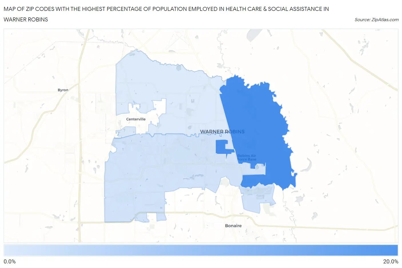 Zip Codes with the Highest Percentage of Population Employed in Health Care & Social Assistance in Warner Robins Map