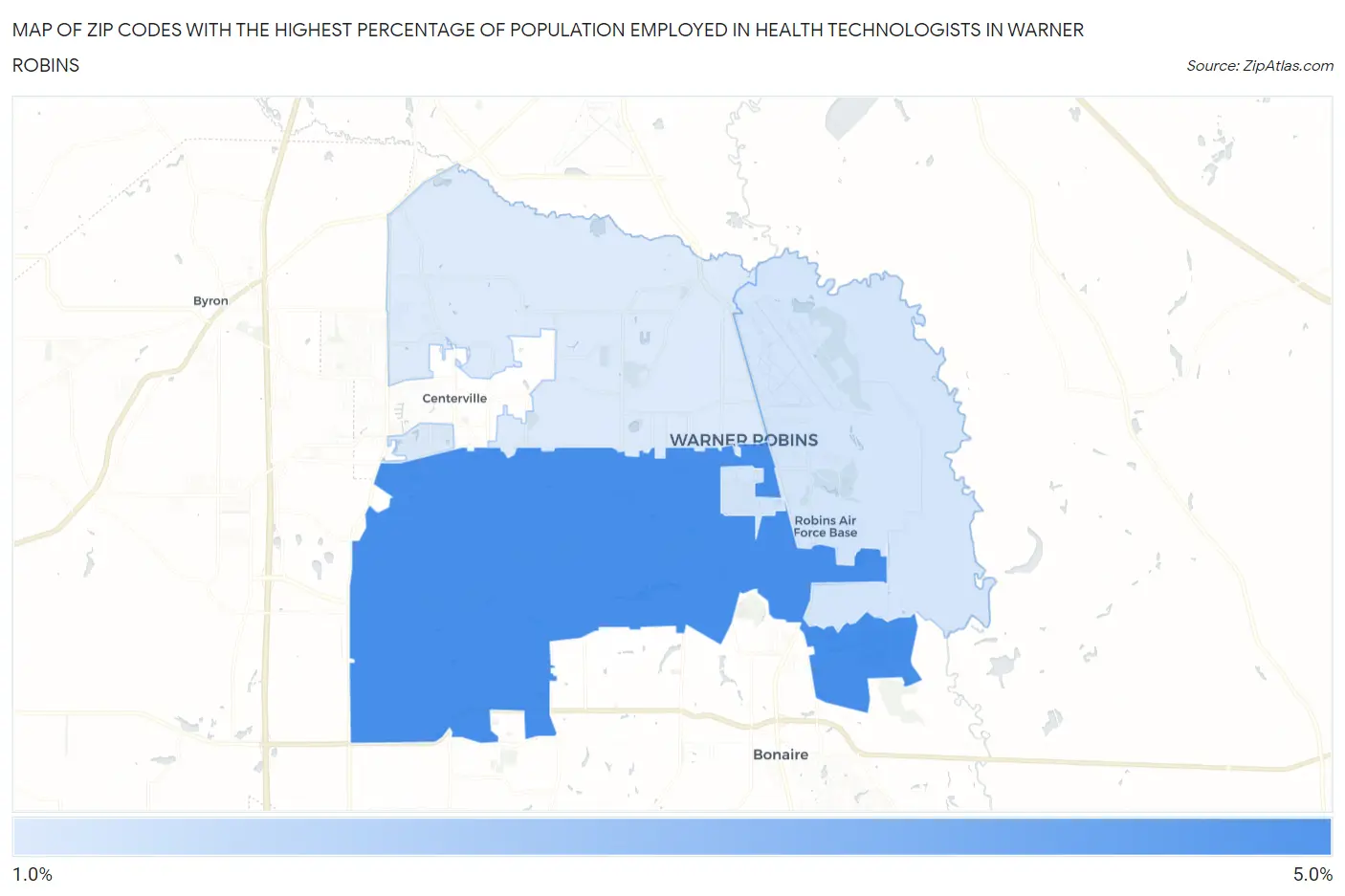 Zip Codes with the Highest Percentage of Population Employed in Health Technologists in Warner Robins Map