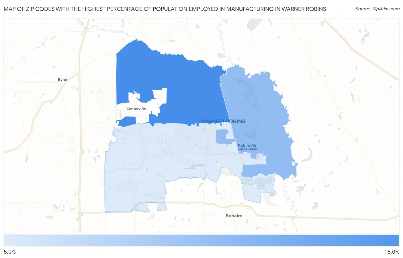 Zip Codes with the Highest Percentage of Population Employed in Manufacturing in Warner Robins Map