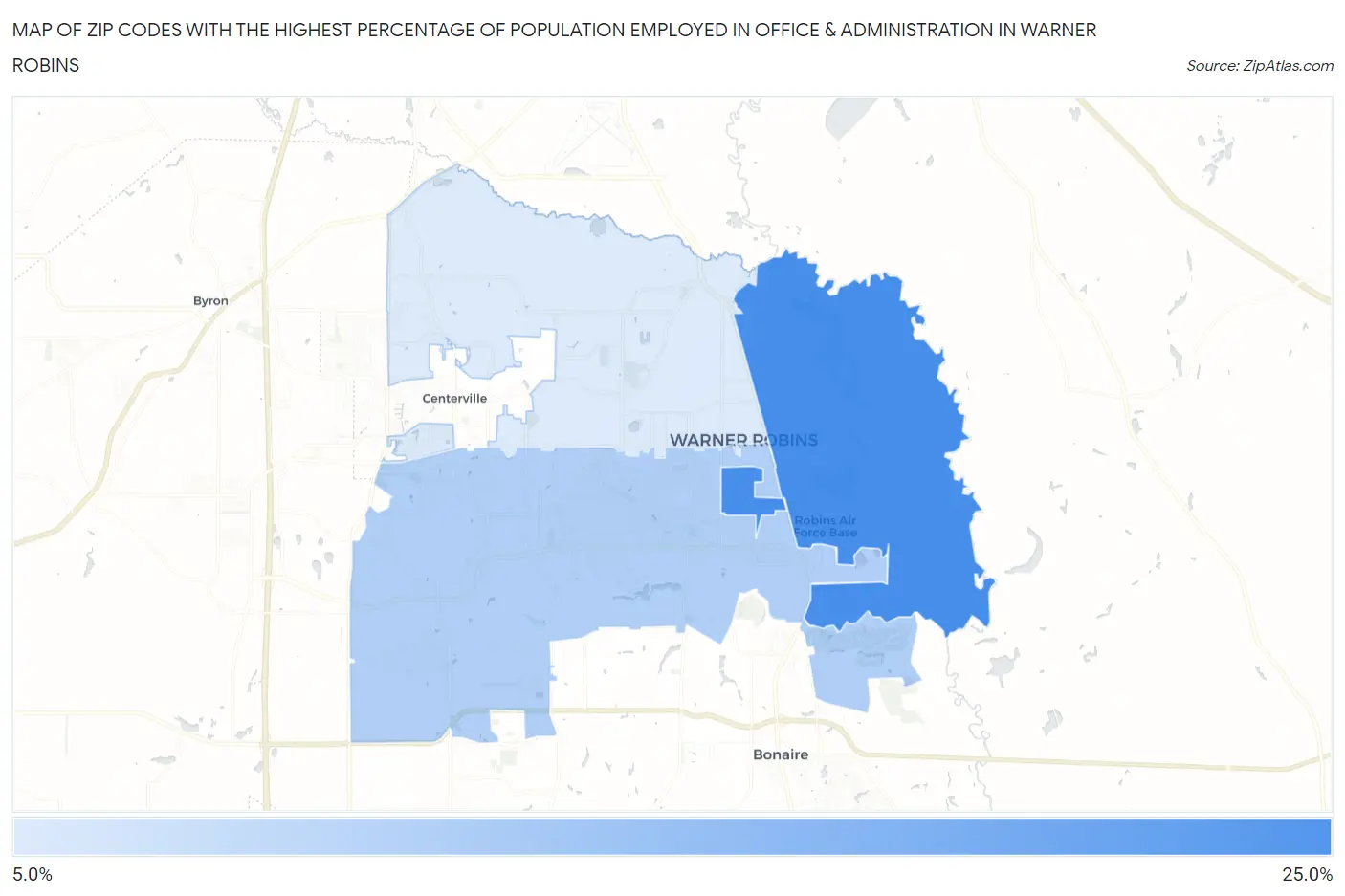 Zip Codes with the Highest Percentage of Population Employed in Office & Administration in Warner Robins Map
