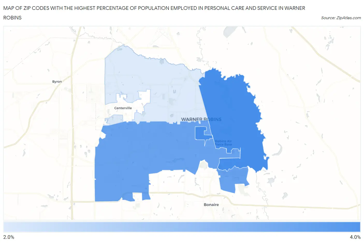 Zip Codes with the Highest Percentage of Population Employed in Personal Care and Service in Warner Robins Map