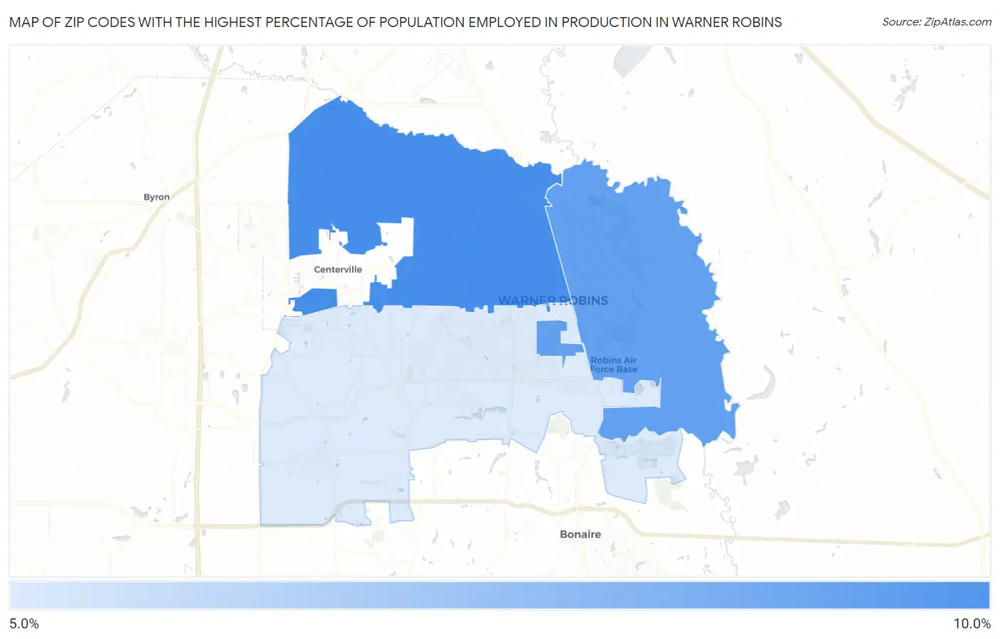 Zip Codes with the Highest Percentage of Population Employed in Production in Warner Robins Map