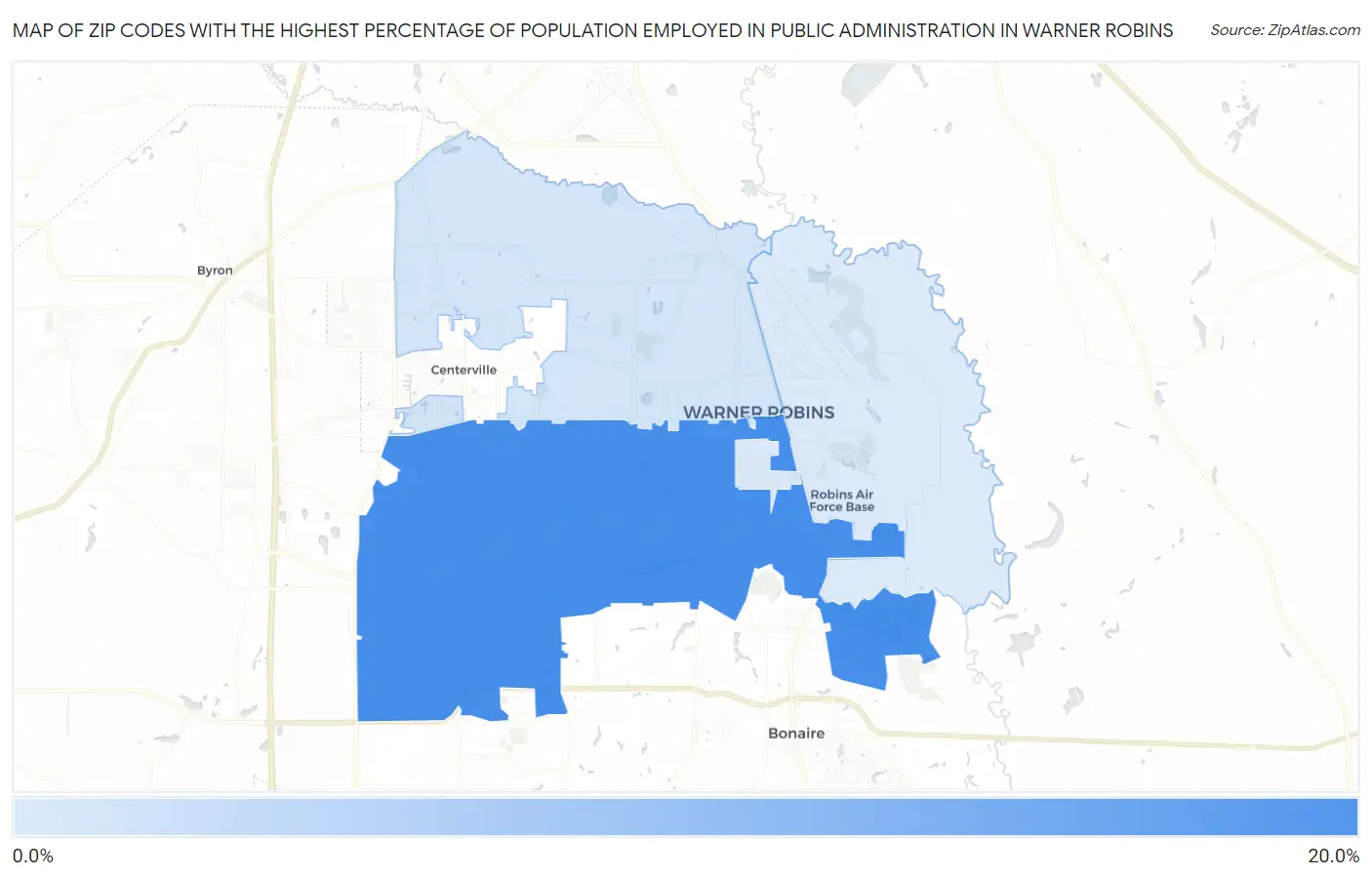 Zip Codes with the Highest Percentage of Population Employed in Public Administration in Warner Robins Map