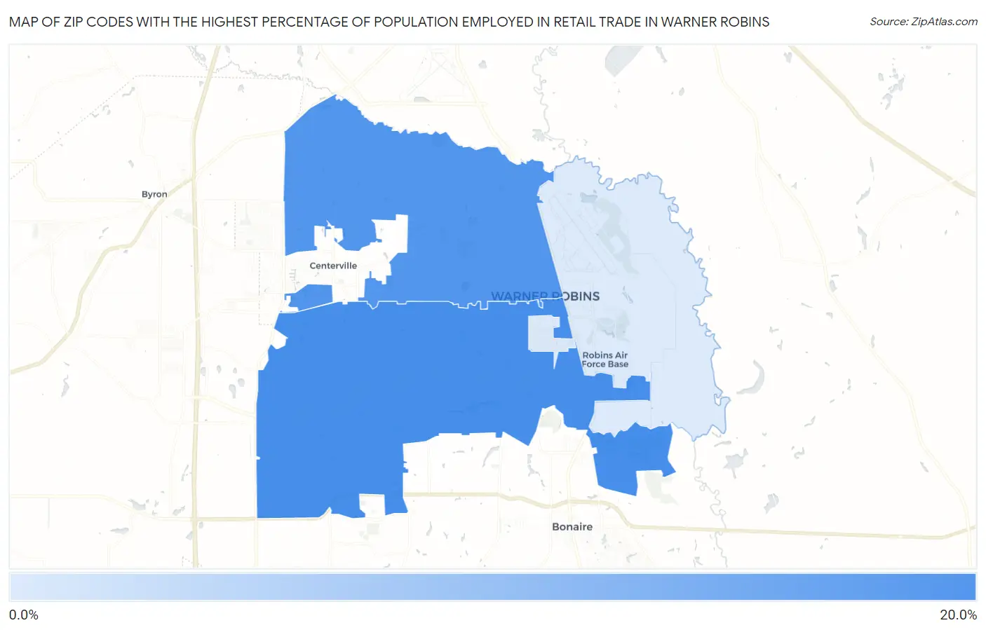 Zip Codes with the Highest Percentage of Population Employed in Retail Trade in Warner Robins Map