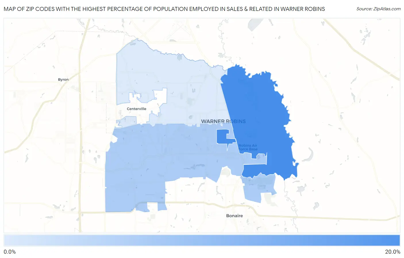 Zip Codes with the Highest Percentage of Population Employed in Sales & Related in Warner Robins Map