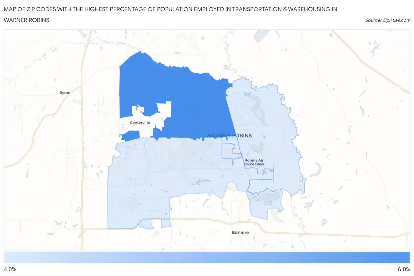 Zip Codes with the Highest Percentage of Population Employed in Transportation & Warehousing in Warner Robins Map