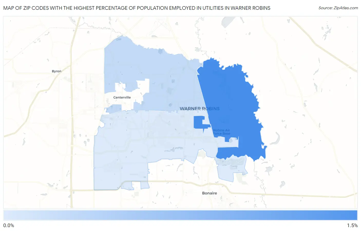 Zip Codes with the Highest Percentage of Population Employed in Utilities in Warner Robins Map