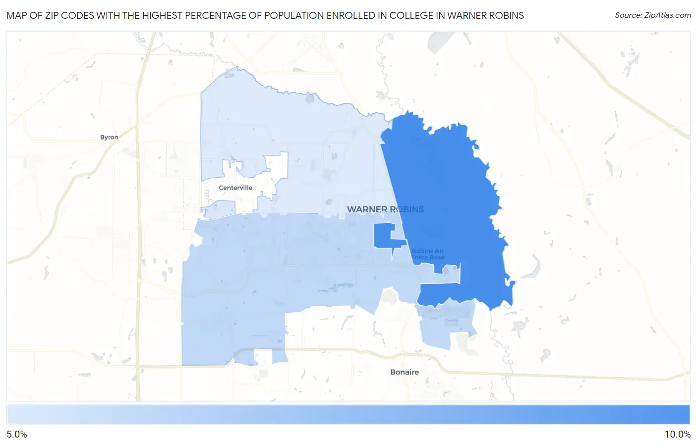 Zip Codes with the Highest Percentage of Population Enrolled in College in Warner Robins Map