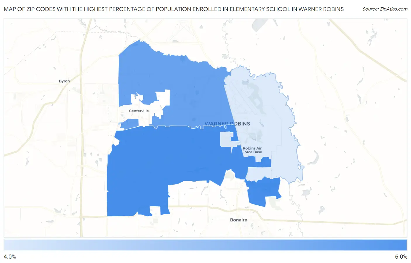 Zip Codes with the Highest Percentage of Population Enrolled in Elementary School in Warner Robins Map