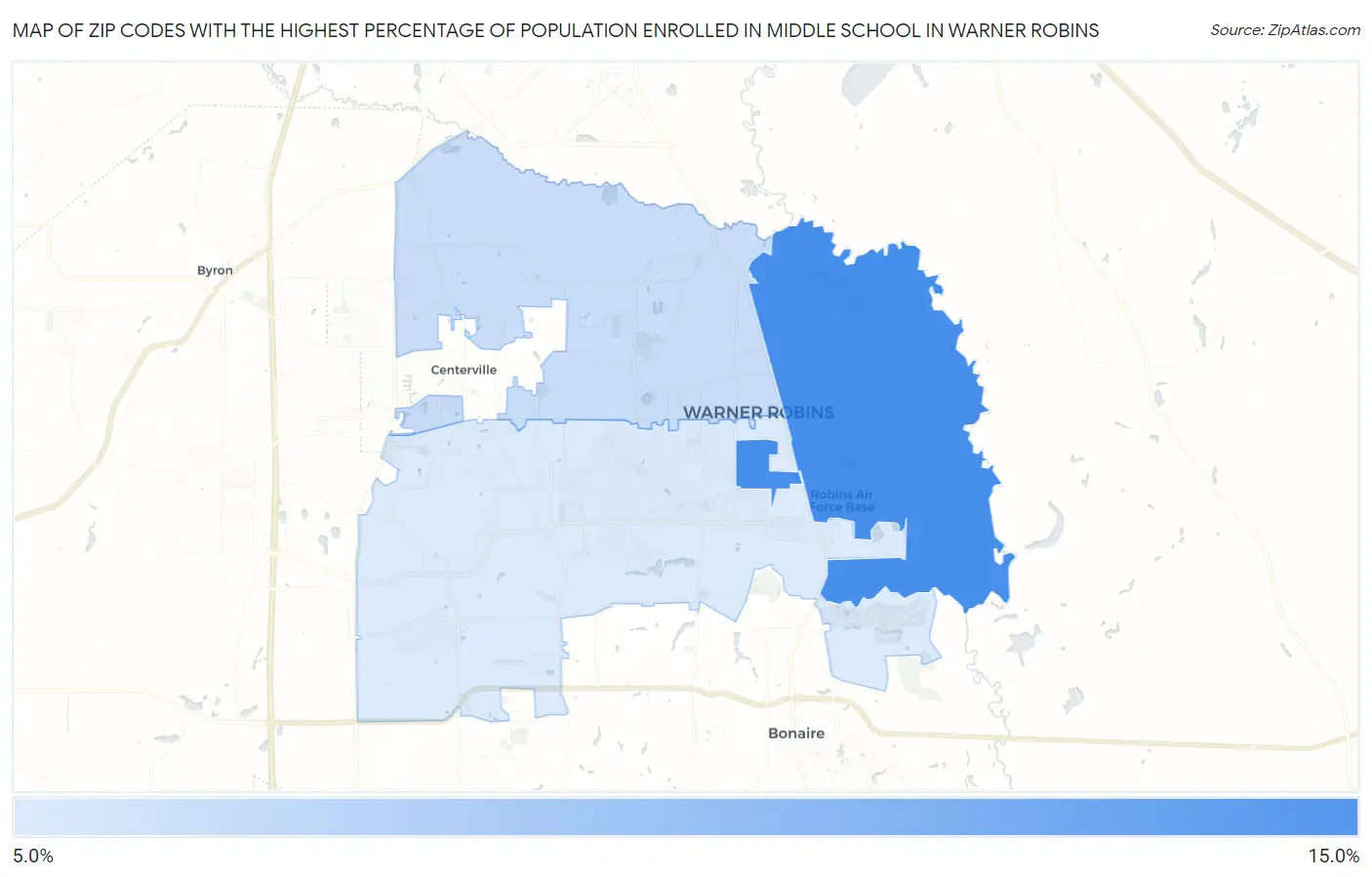 Zip Codes with the Highest Percentage of Population Enrolled in Middle School in Warner Robins Map