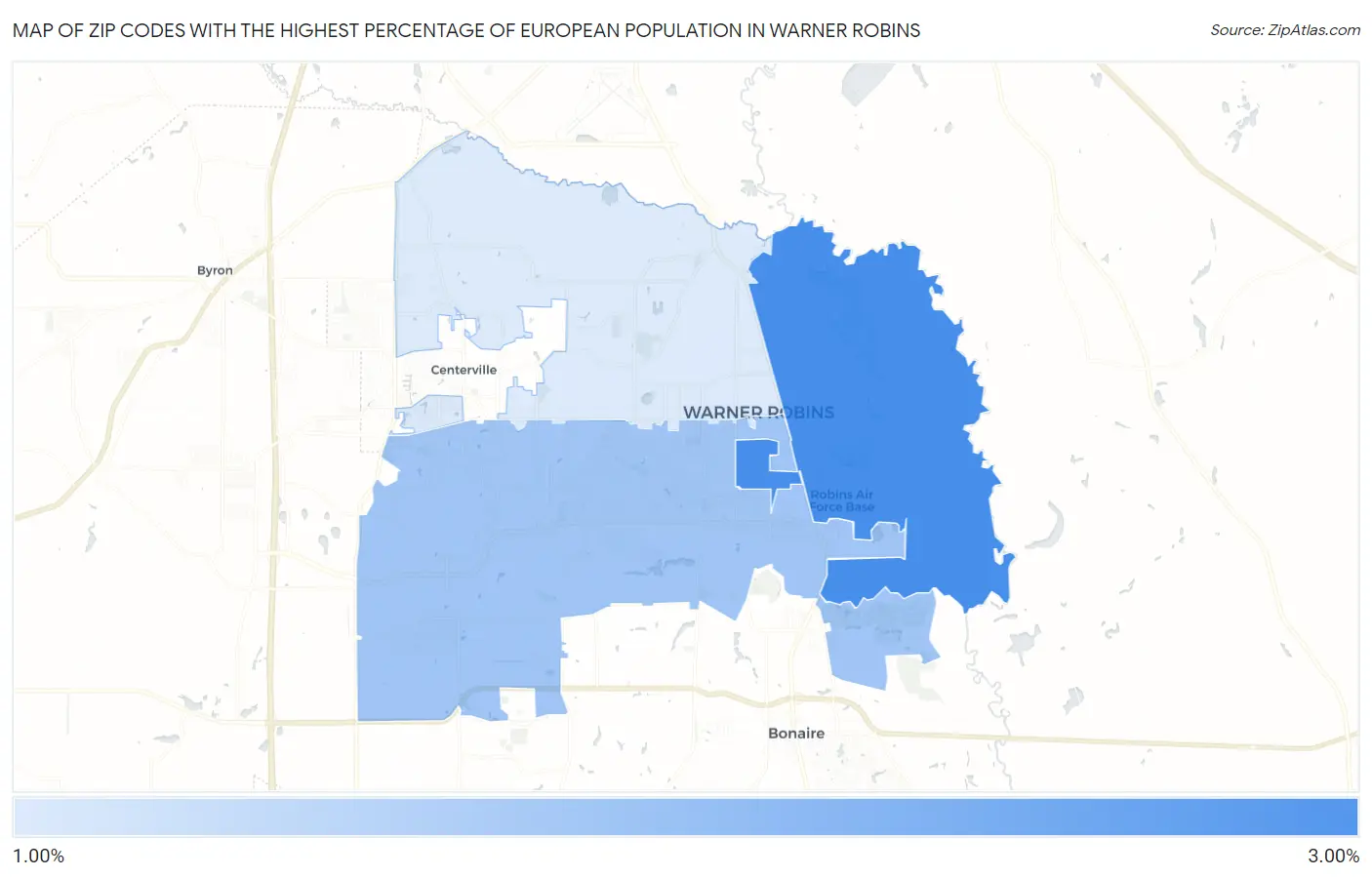 Zip Codes with the Highest Percentage of European Population in Warner Robins Map