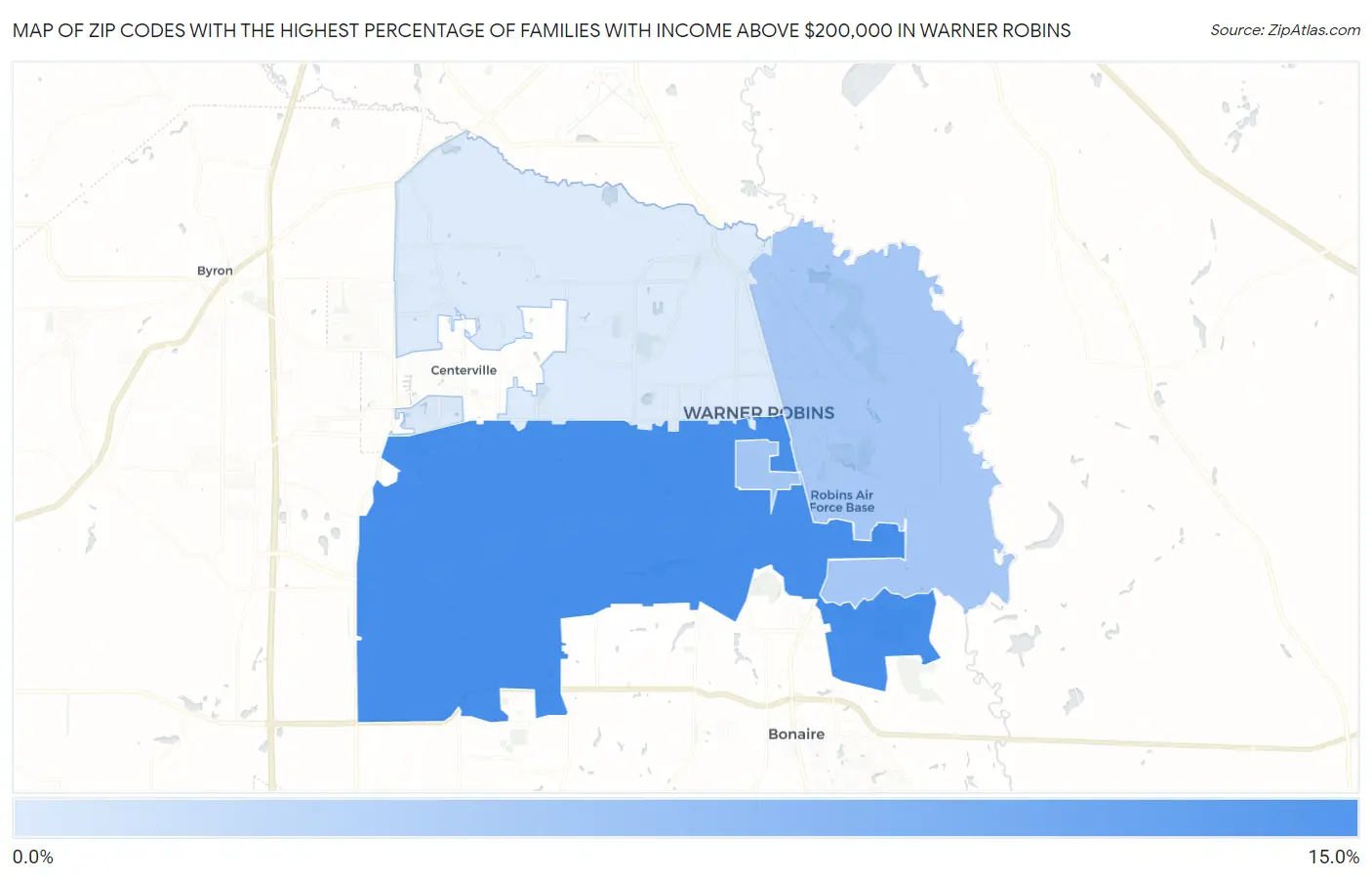 Zip Codes with the Highest Percentage of Families with Income Above $200,000 in Warner Robins Map