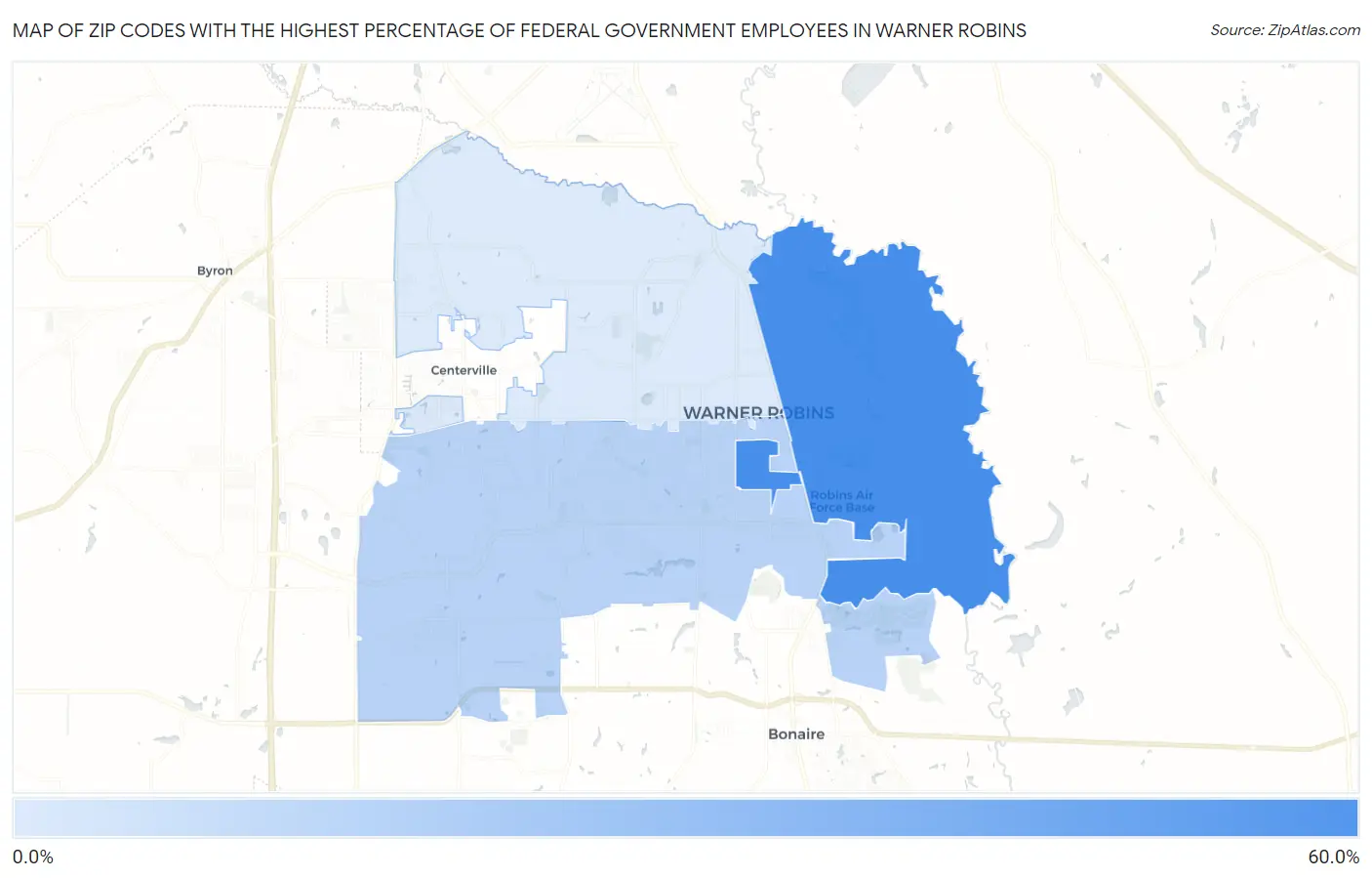 Zip Codes with the Highest Percentage of Federal Government Employees in Warner Robins Map