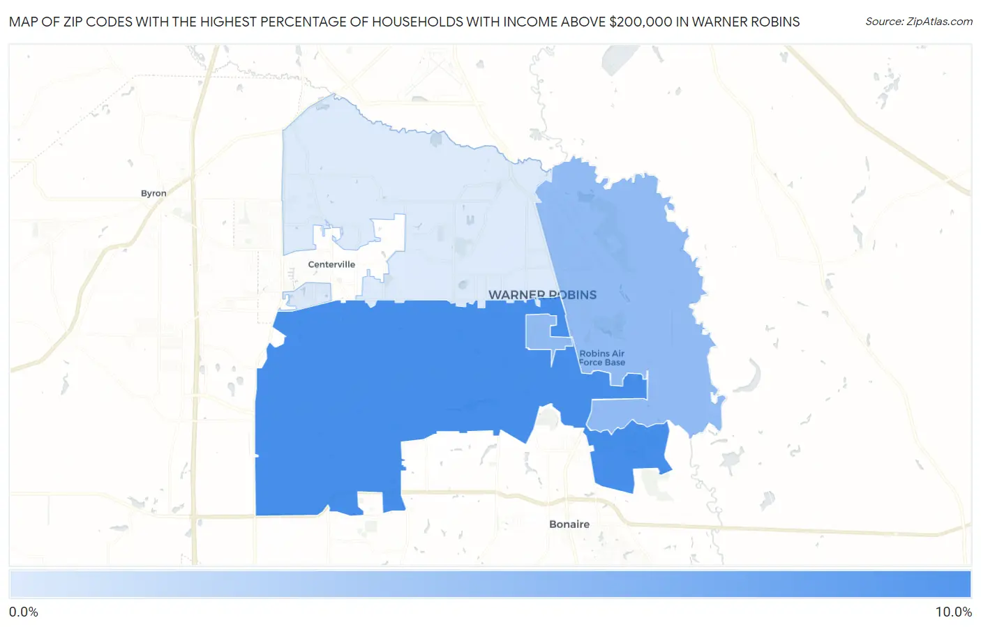 Zip Codes with the Highest Percentage of Households with Income Above $200,000 in Warner Robins Map