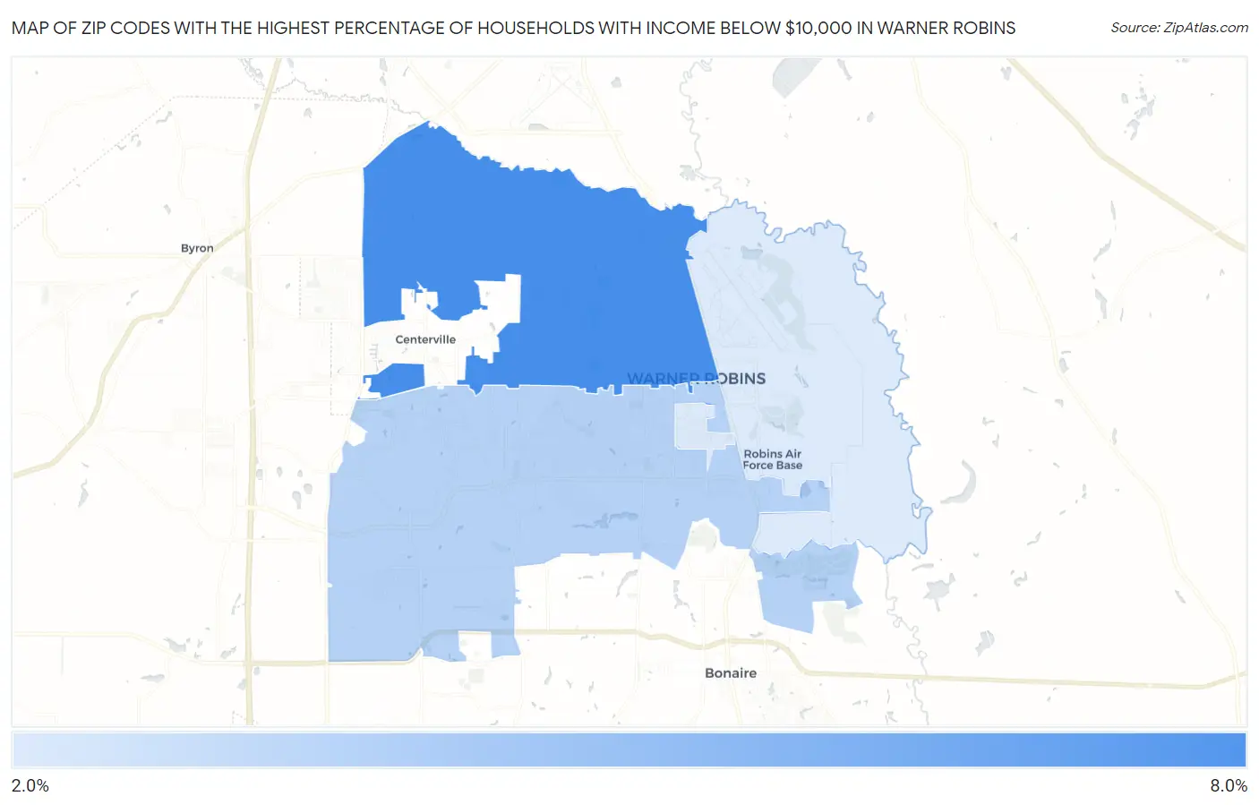 Zip Codes with the Highest Percentage of Households with Income Below $10,000 in Warner Robins Map