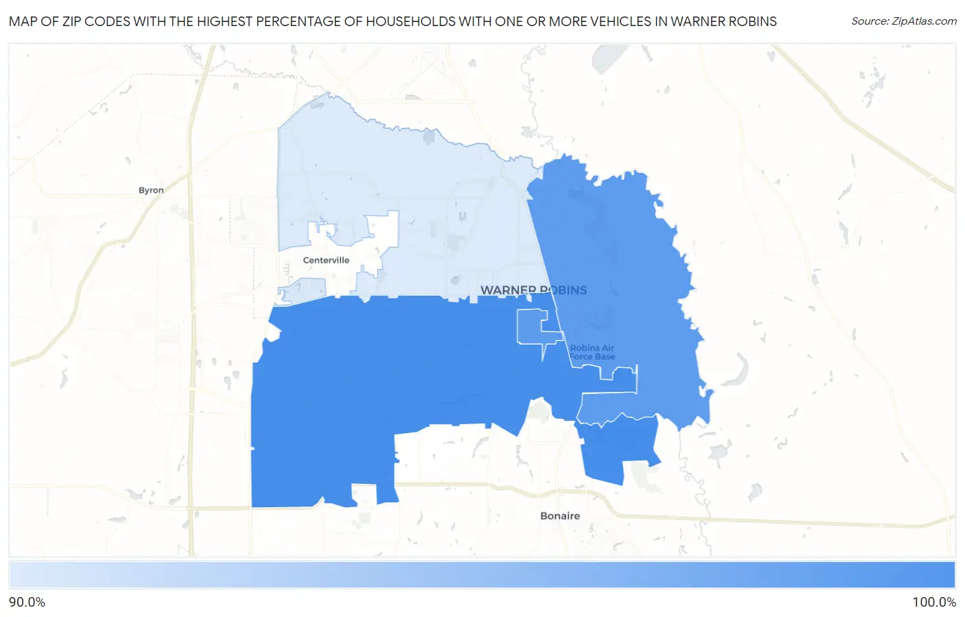 Zip Codes with the Highest Percentage of Households With One or more Vehicles in Warner Robins Map