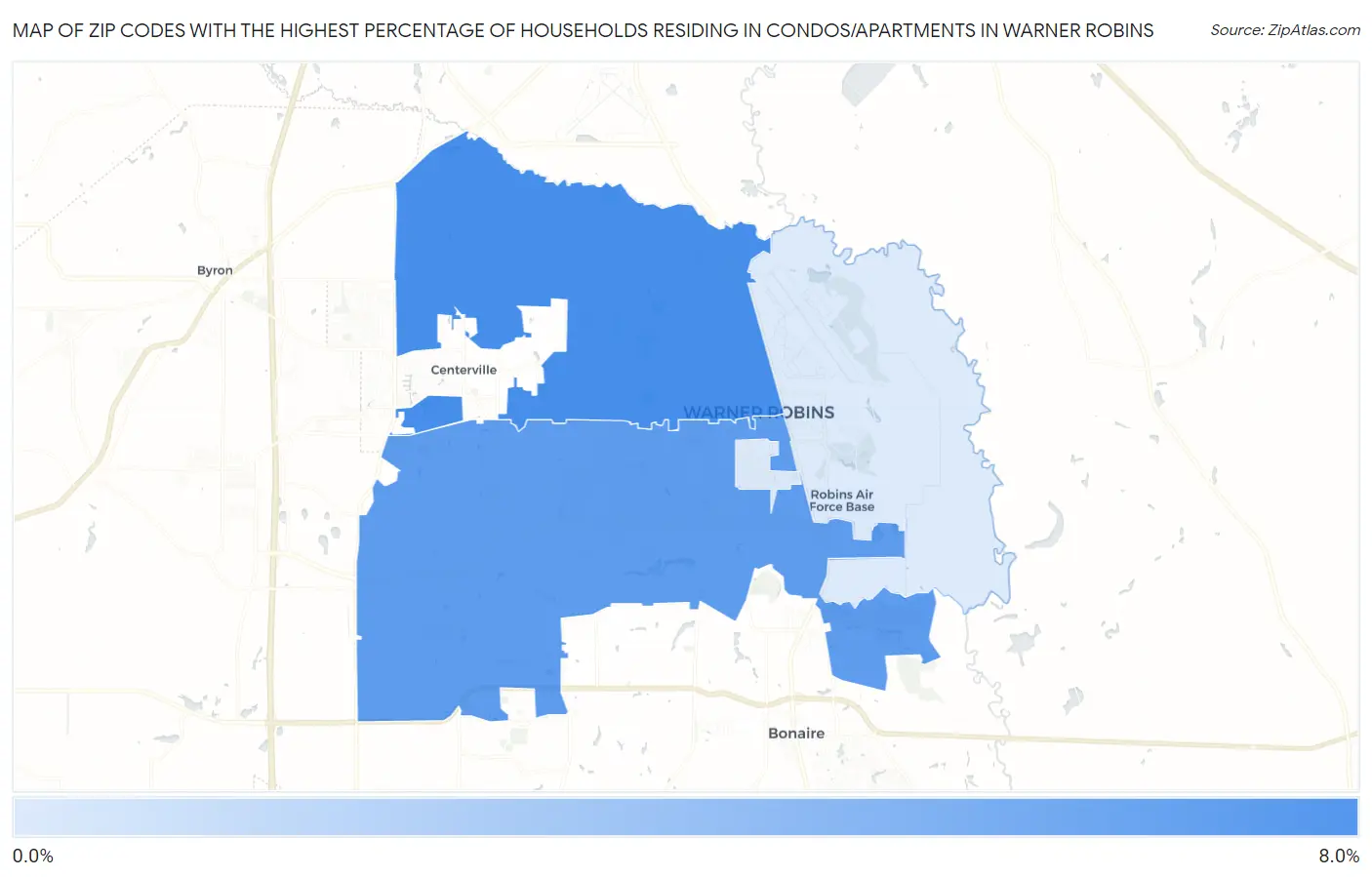 Zip Codes with the Highest Percentage of Households Residing in Condos/Apartments in Warner Robins Map