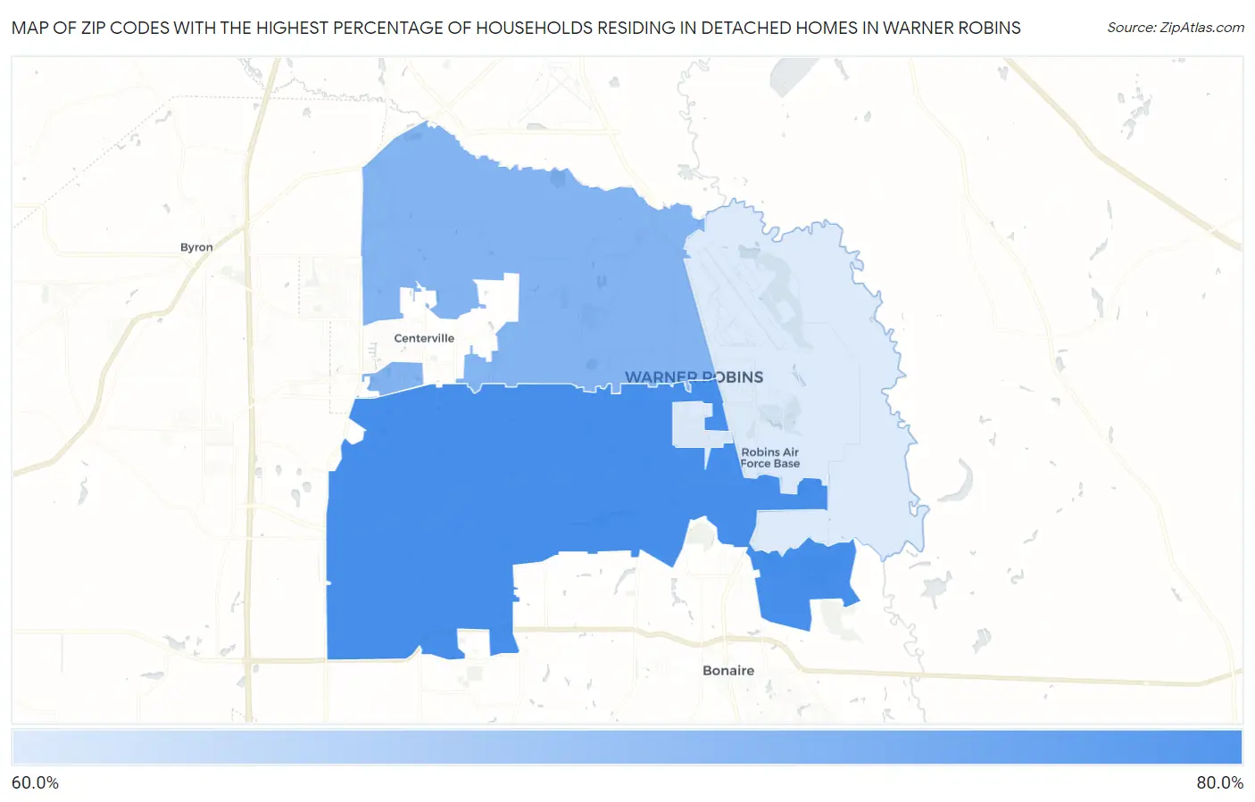 Zip Codes with the Highest Percentage of Households Residing in Detached Homes in Warner Robins Map