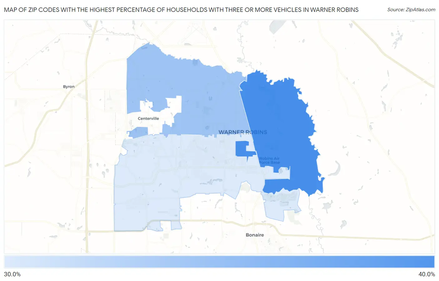Zip Codes with the Highest Percentage of Households With Three or more Vehicles in Warner Robins Map