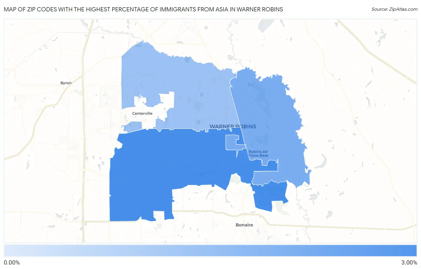 Zip Codes with the Highest Percentage of Immigrants from Asia in Warner Robins Map