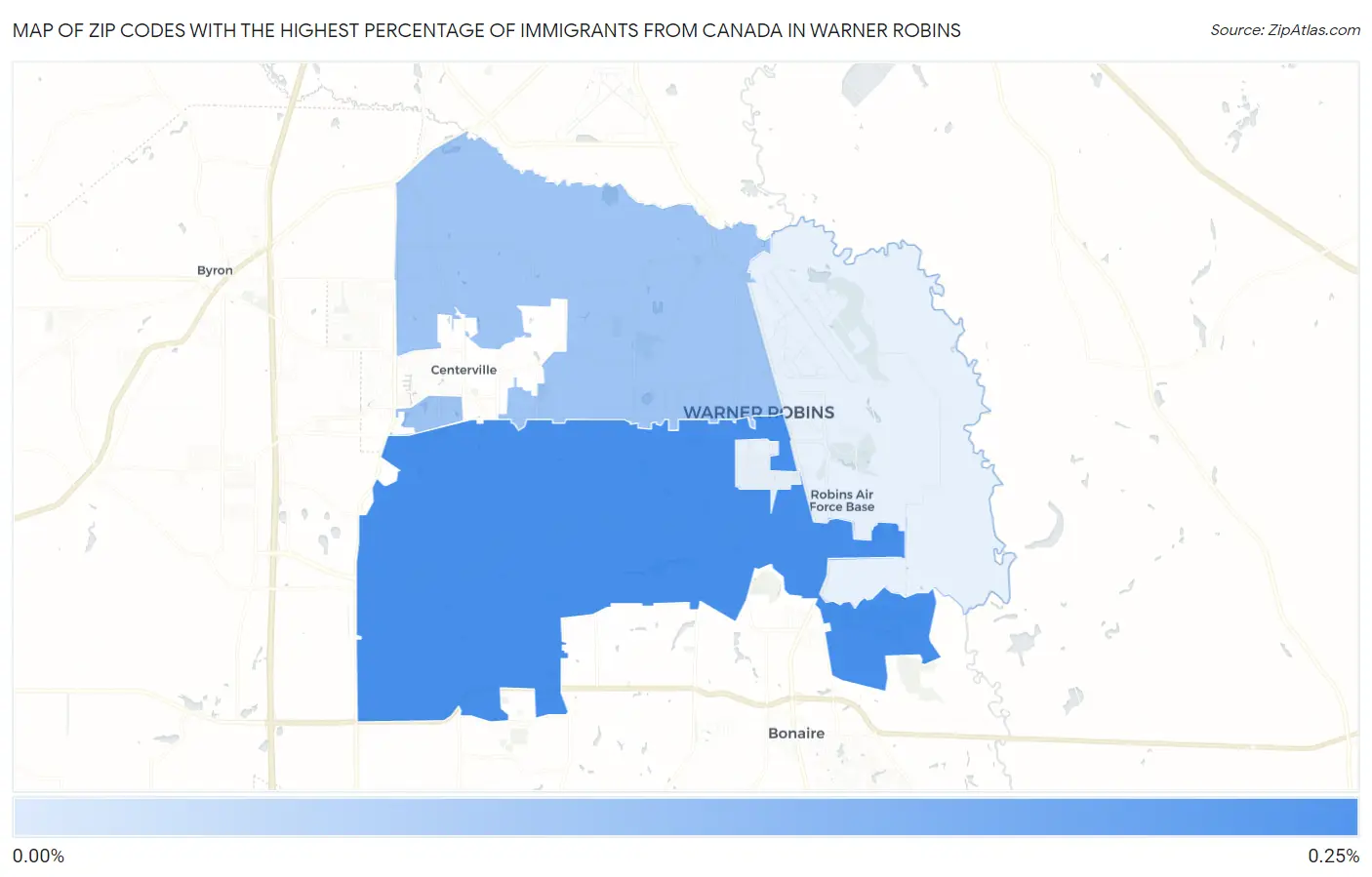 Zip Codes with the Highest Percentage of Immigrants from Canada in Warner Robins Map
