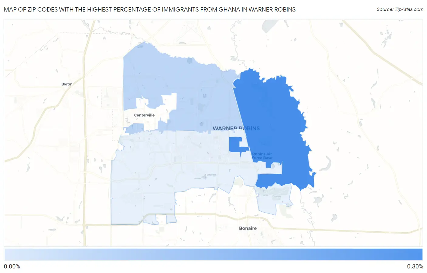Zip Codes with the Highest Percentage of Immigrants from Ghana in Warner Robins Map