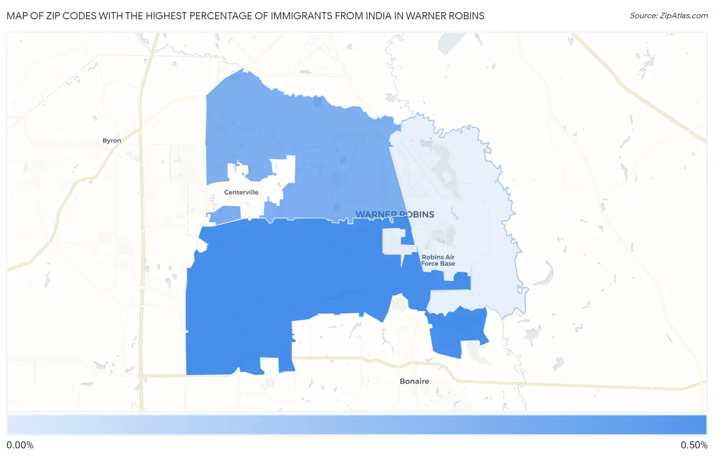 Zip Codes with the Highest Percentage of Immigrants from India in Warner Robins Map