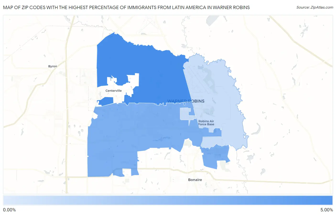Zip Codes with the Highest Percentage of Immigrants from Latin America in Warner Robins Map