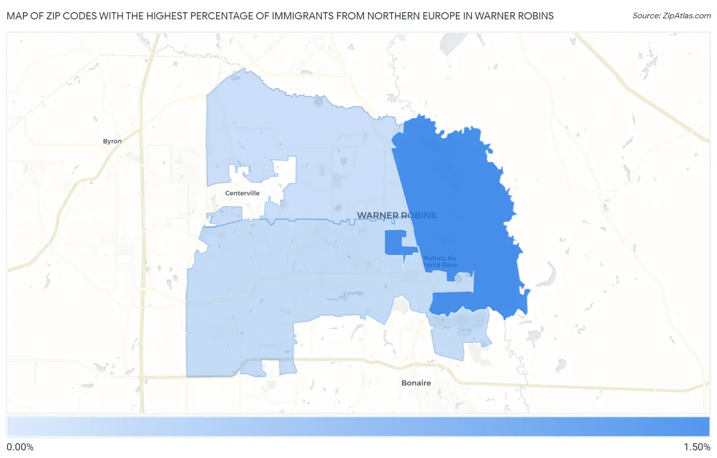 Zip Codes with the Highest Percentage of Immigrants from Northern Europe in Warner Robins Map