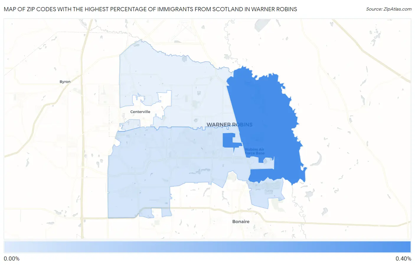 Zip Codes with the Highest Percentage of Immigrants from Scotland in Warner Robins Map
