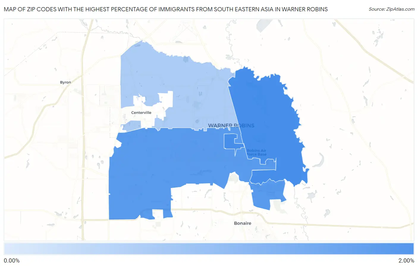 Zip Codes with the Highest Percentage of Immigrants from South Eastern Asia in Warner Robins Map