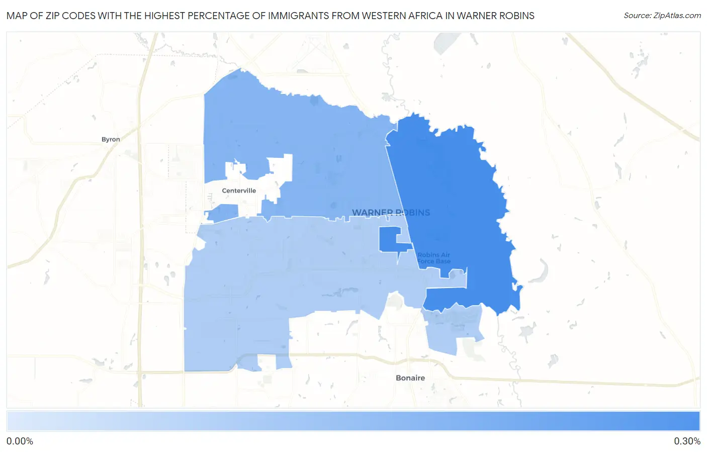 Zip Codes with the Highest Percentage of Immigrants from Western Africa in Warner Robins Map