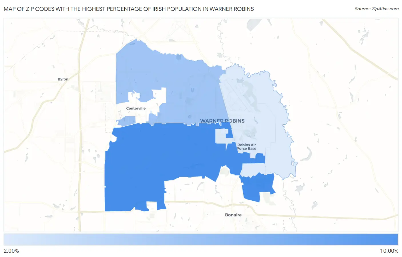 Zip Codes with the Highest Percentage of Irish Population in Warner Robins Map