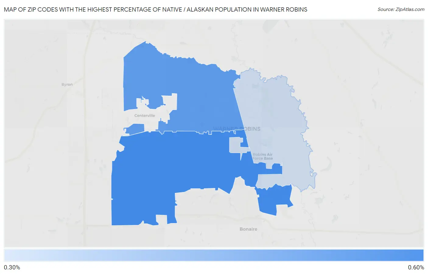 Zip Codes with the Highest Percentage of Native / Alaskan Population in Warner Robins Map
