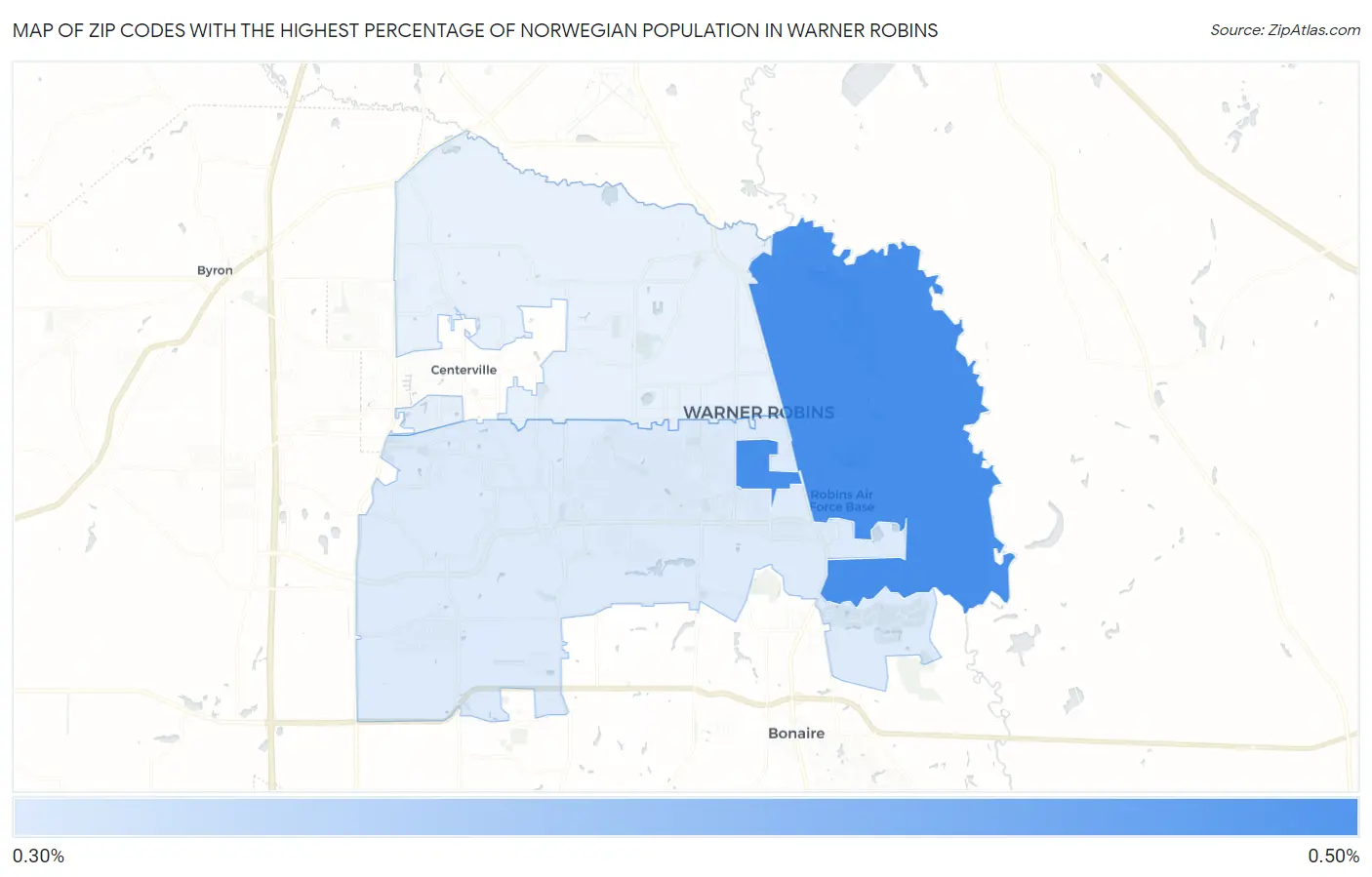 Zip Codes with the Highest Percentage of Norwegian Population in Warner Robins Map