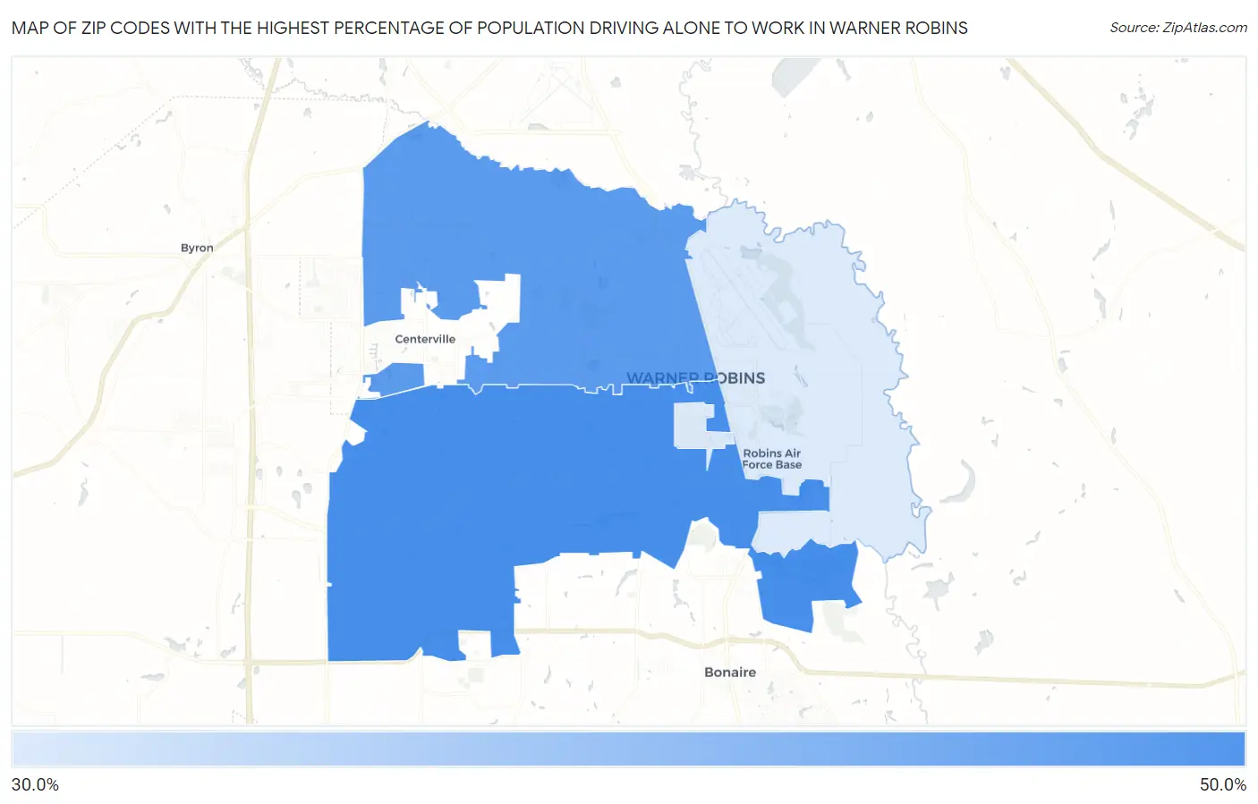 Zip Codes with the Highest Percentage of Population Driving Alone to Work in Warner Robins Map