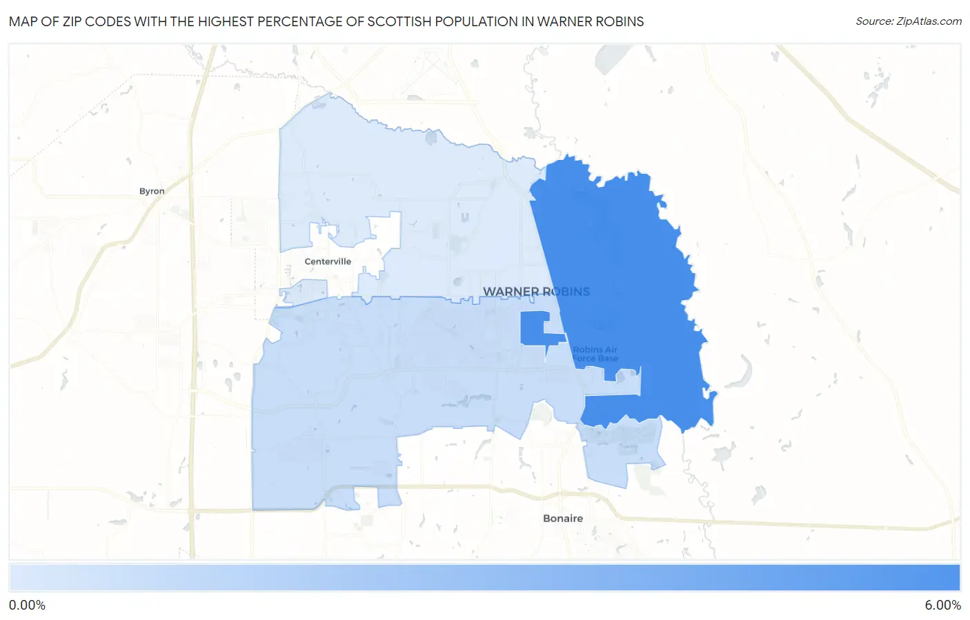 Zip Codes with the Highest Percentage of Scottish Population in Warner Robins Map