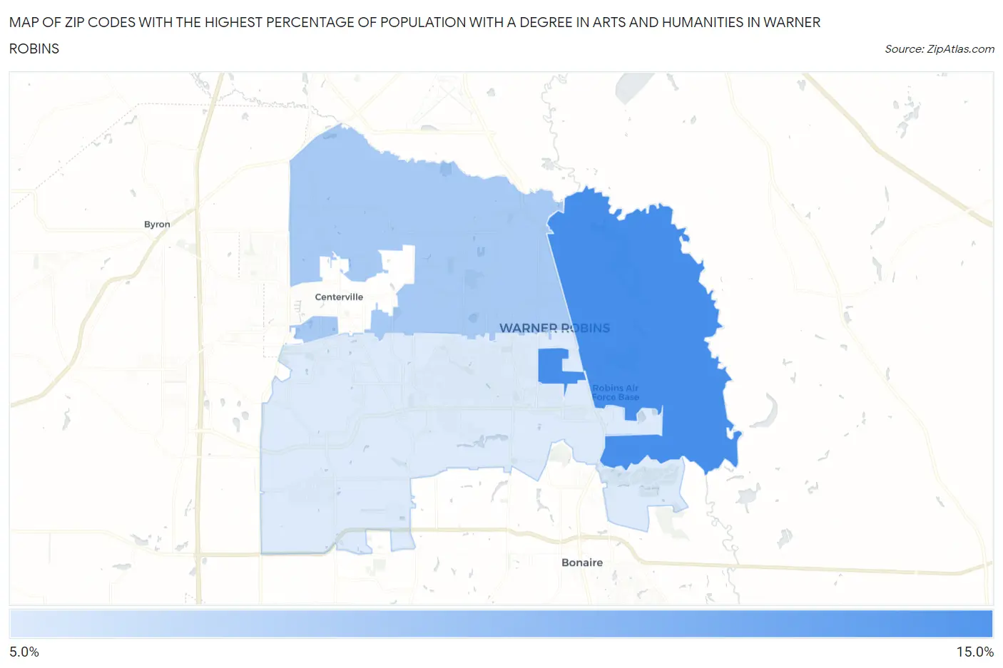 Zip Codes with the Highest Percentage of Population with a Degree in Arts and Humanities in Warner Robins Map