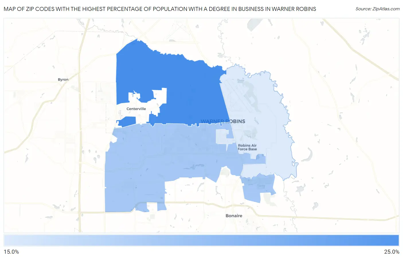 Zip Codes with the Highest Percentage of Population with a Degree in Business in Warner Robins Map