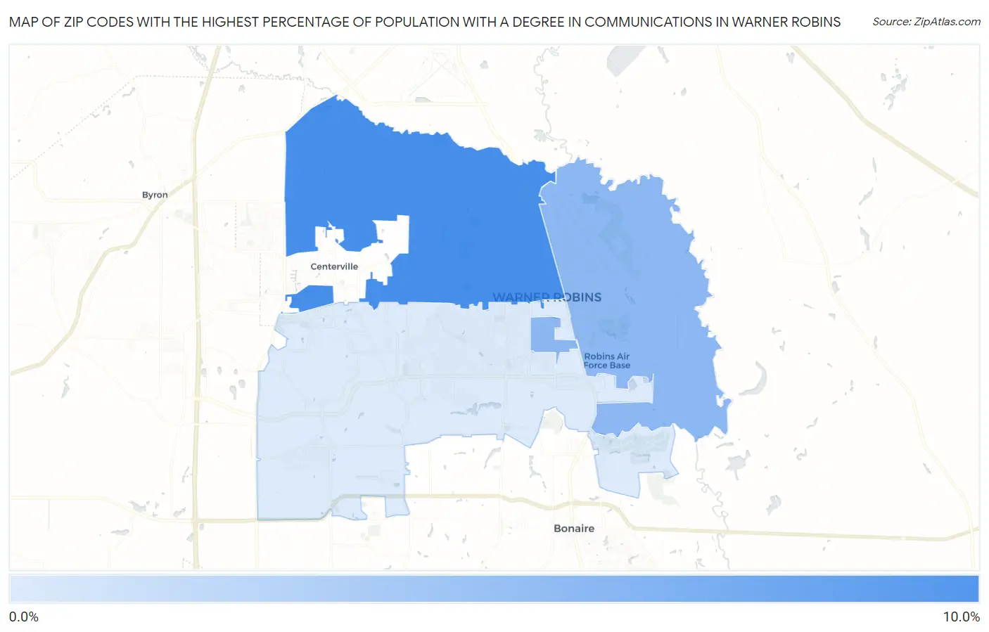Zip Codes with the Highest Percentage of Population with a Degree in Communications in Warner Robins Map