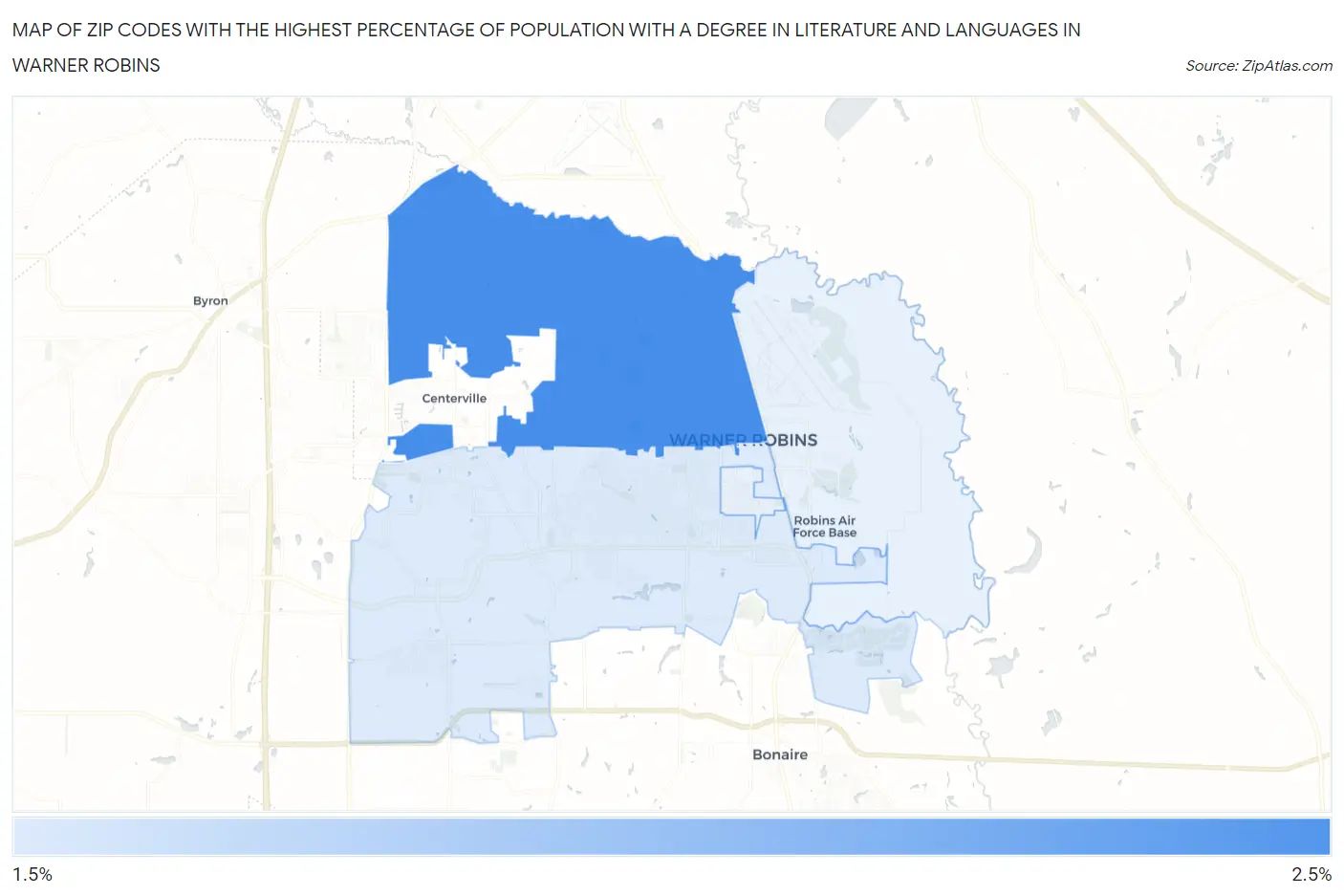 Zip Codes with the Highest Percentage of Population with a Degree in Literature and Languages in Warner Robins Map