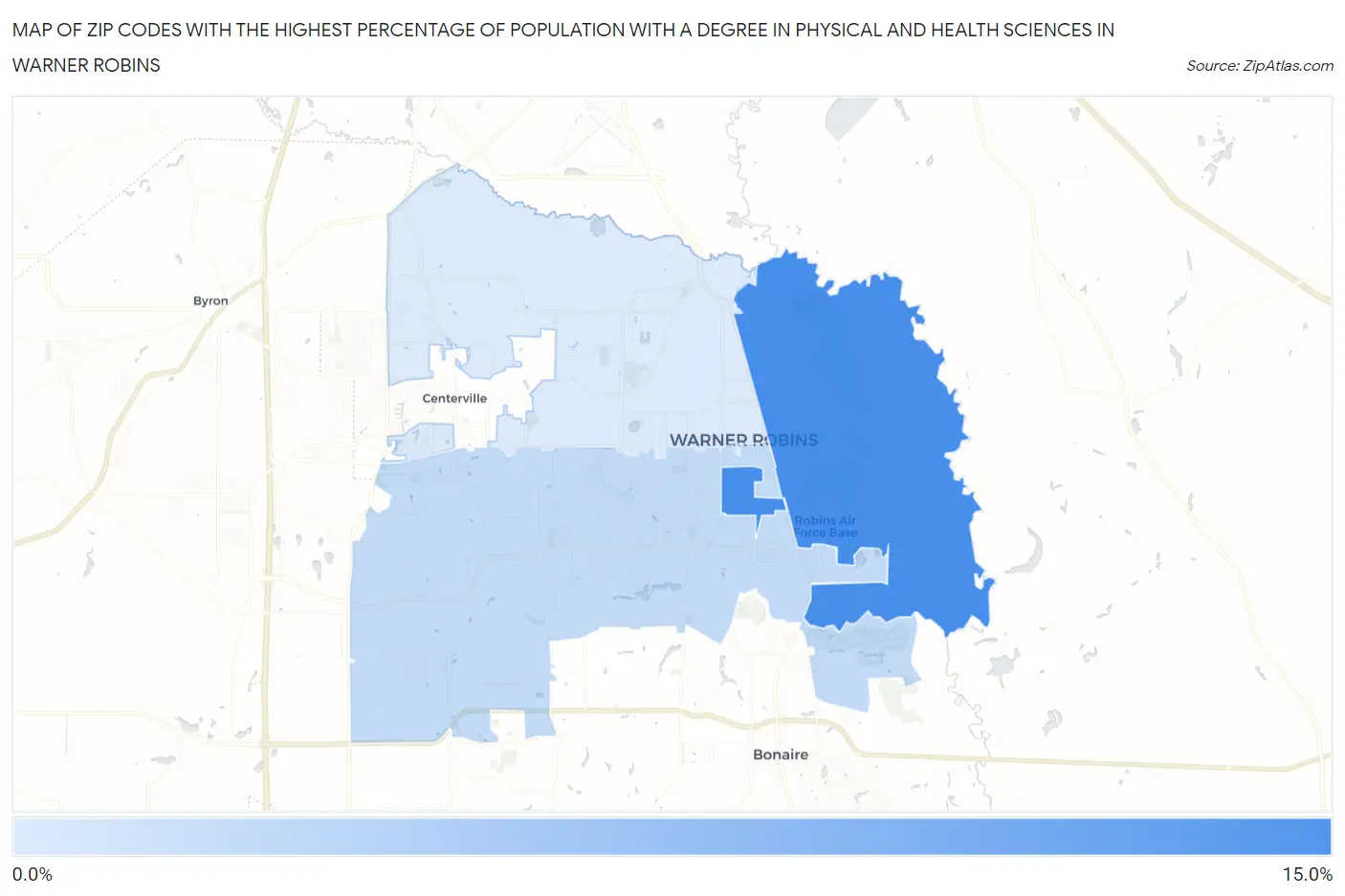 Zip Codes with the Highest Percentage of Population with a Degree in Physical and Health Sciences in Warner Robins Map