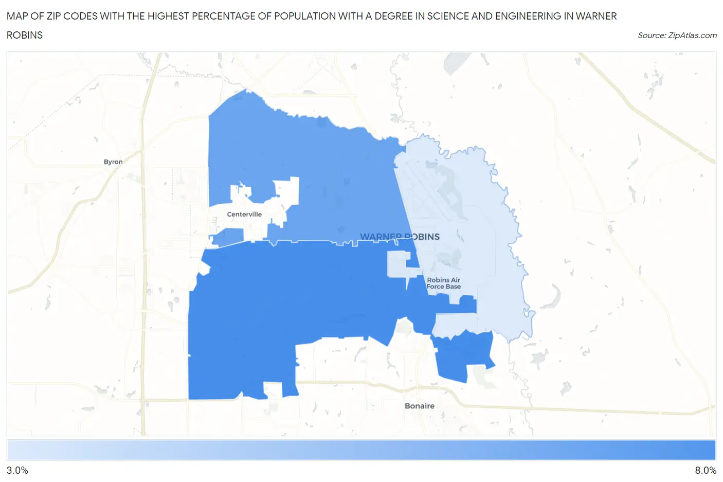 Zip Codes with the Highest Percentage of Population with a Degree in Science and Engineering in Warner Robins Map