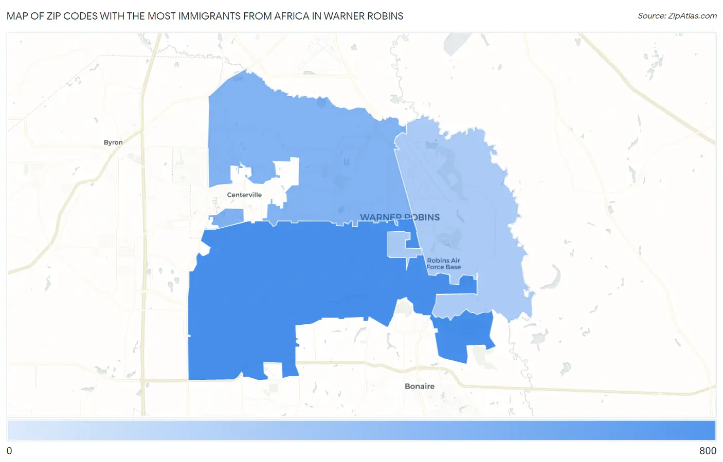 Zip Codes with the Most Immigrants from Africa in Warner Robins Map